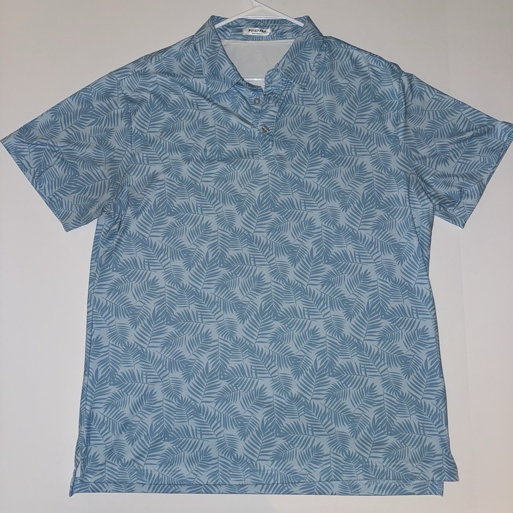 Men's Large PINSPARK Golf Polo Shirt Blue Leaf Print Short Sleeve Collared